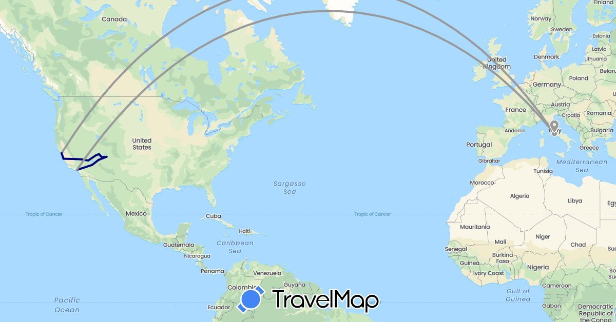 TravelMap itinerary: driving, plane in Italy, United States (Europe, North America)